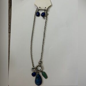 NWT Blue and Green Pendant Necklace with Silver Chain and Earrings